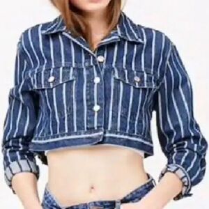 Forever 21 White Pinstripe Striped Cropped Denim Jacket